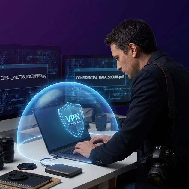 Professional photographer with camera protected by VPN shield, confidential images and client data encryption