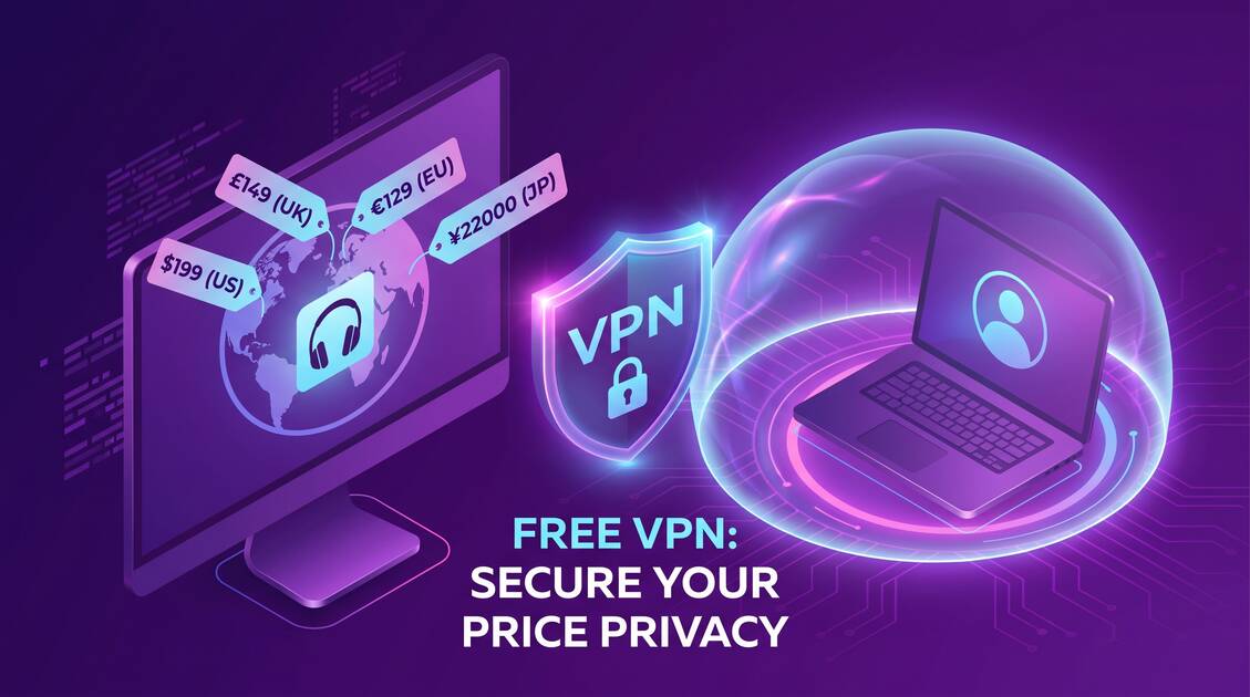 Digital illustration showing price manipulation and VPN protection across different websites