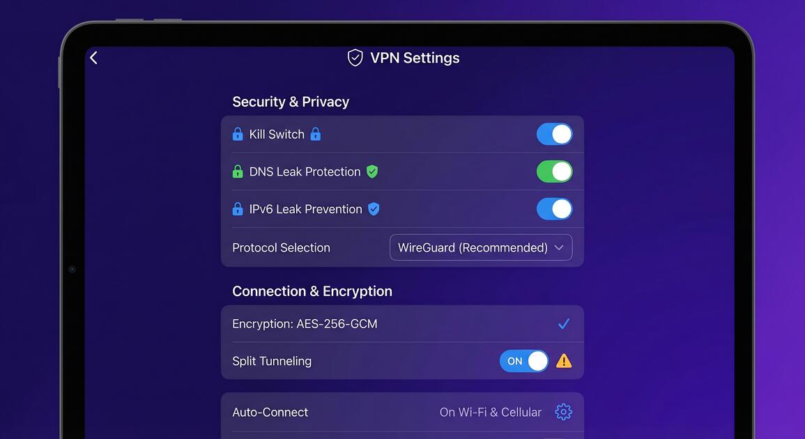 VPN privacy settings configuration screen with protection indicators and security toggles