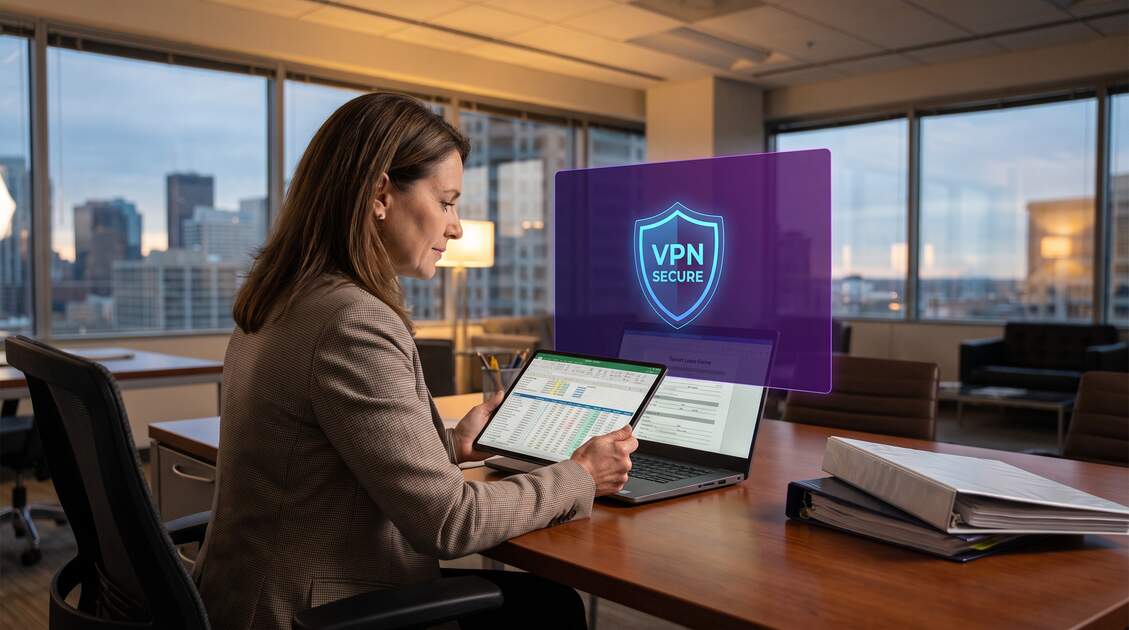 Property manager with tablet reviewing tenant lease data protected by VPN security shield