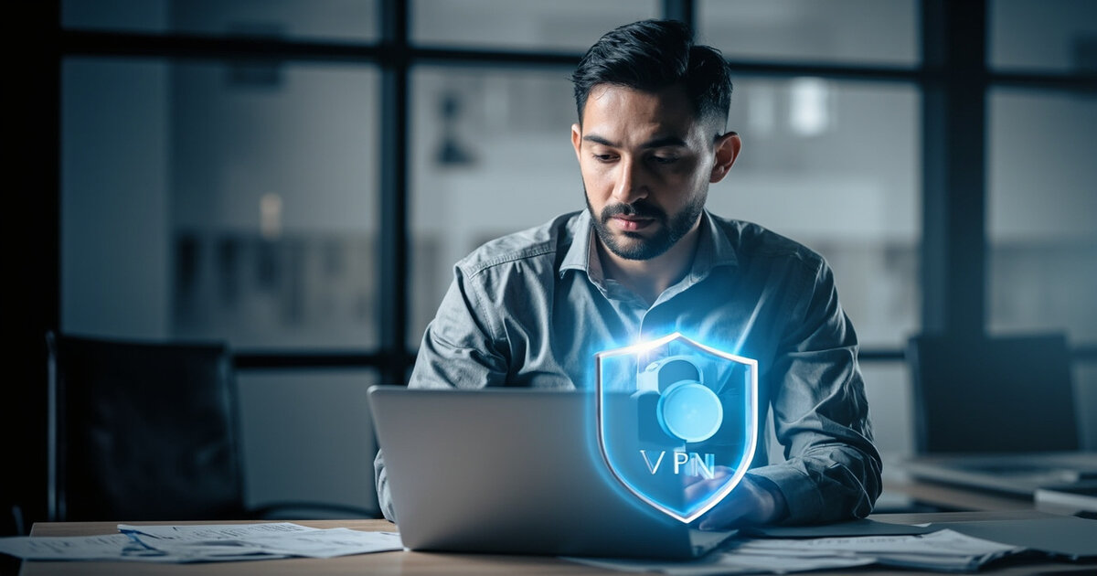 Real estate professional protecting client financial data with VPN security shield during property transaction