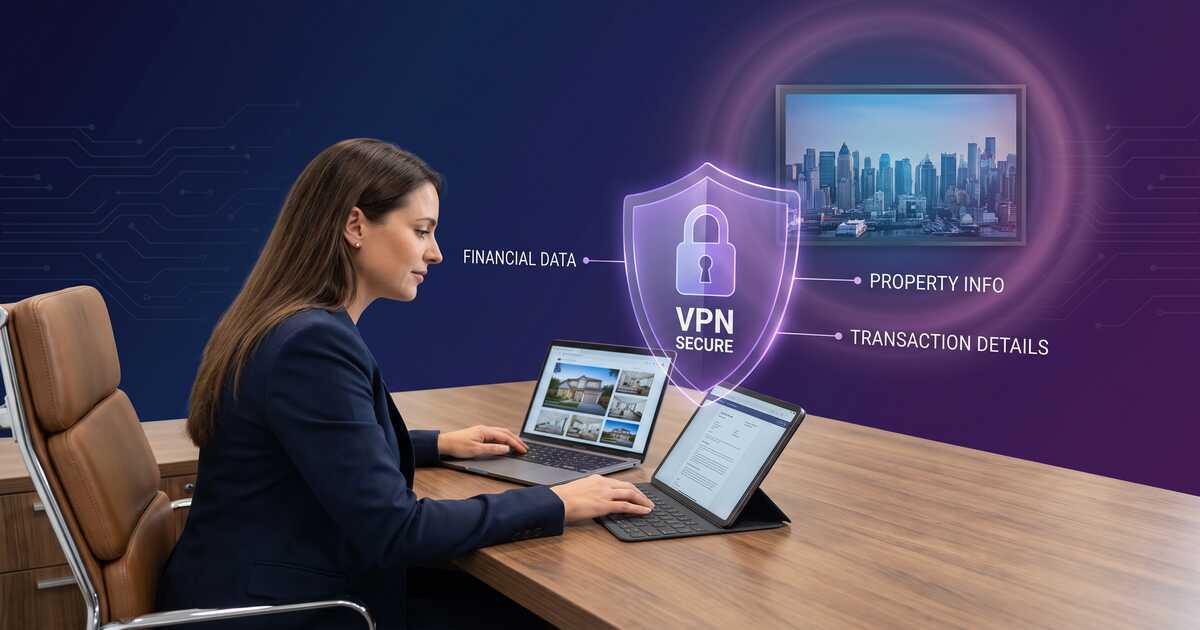 Real estate agent at desk with property listings and glowing purple VPN security shield protecting client data and transaction information