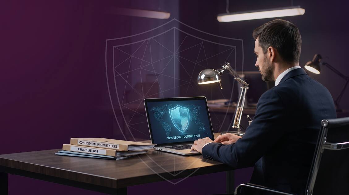 Real estate agent using laptop with VPN shield protecting client property data
