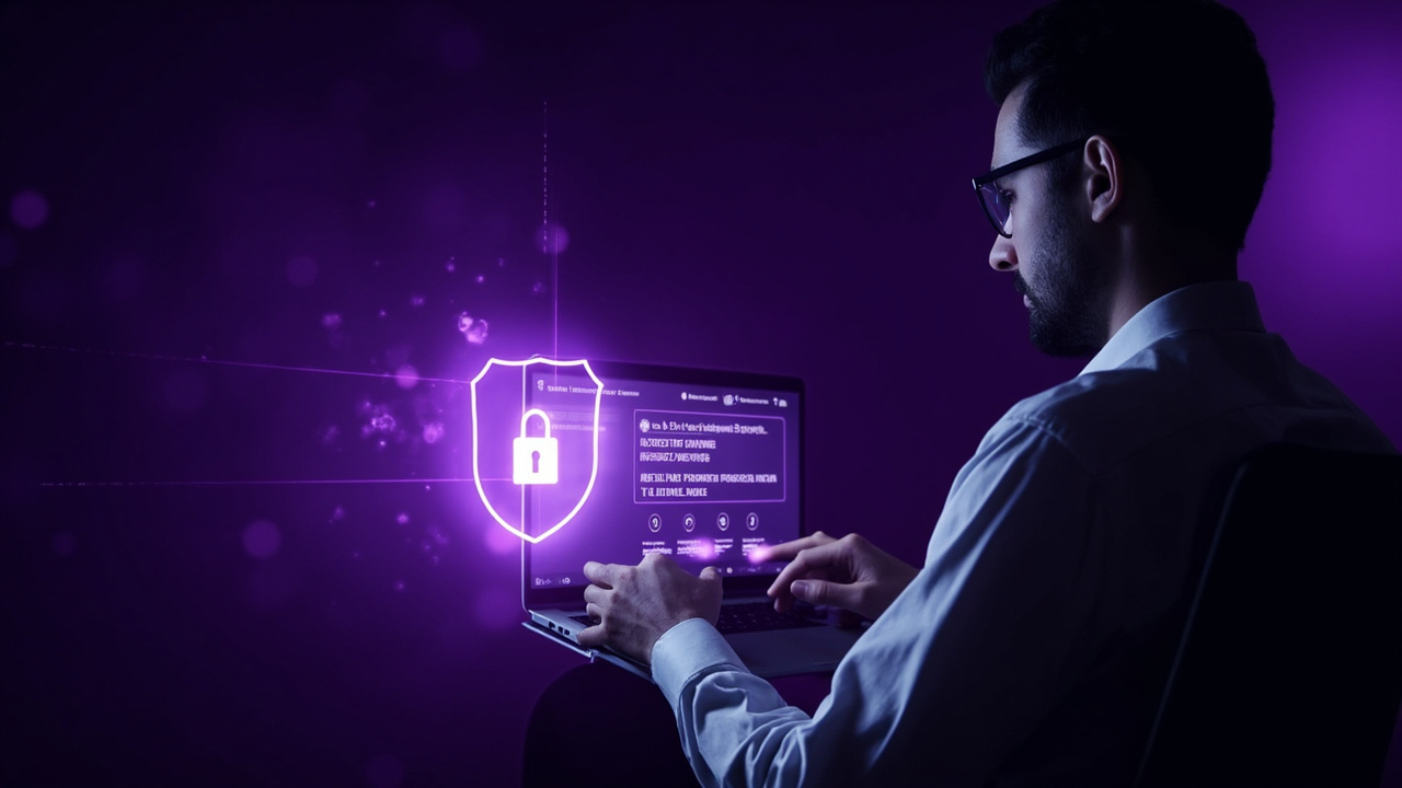 Recruiter reviewing candidate profiles with VPN security shield protecting sensitive hiring data