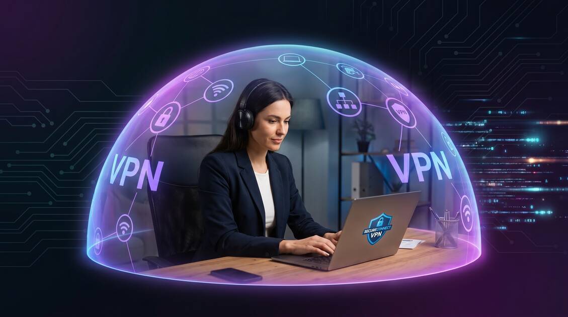 Remote worker using laptop with VPN security shield protecting home office and corporate data