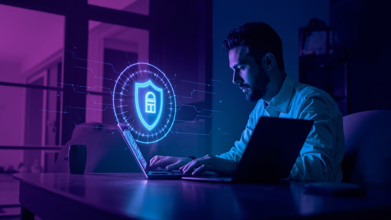Remote worker at home office with VPN protection shield protecting company data