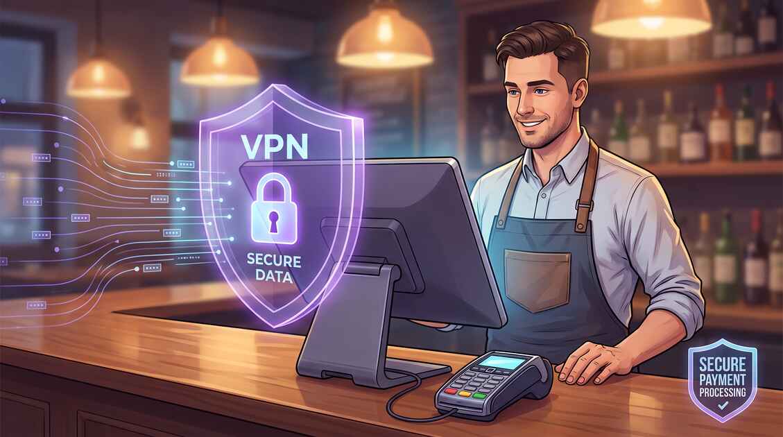 Restaurant manager protecting customer data and payment processing with VPN security shield