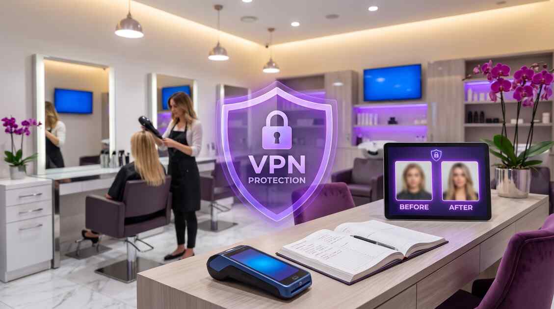 Beauty salon professional securely managing client data and appointments with VPN protection shield