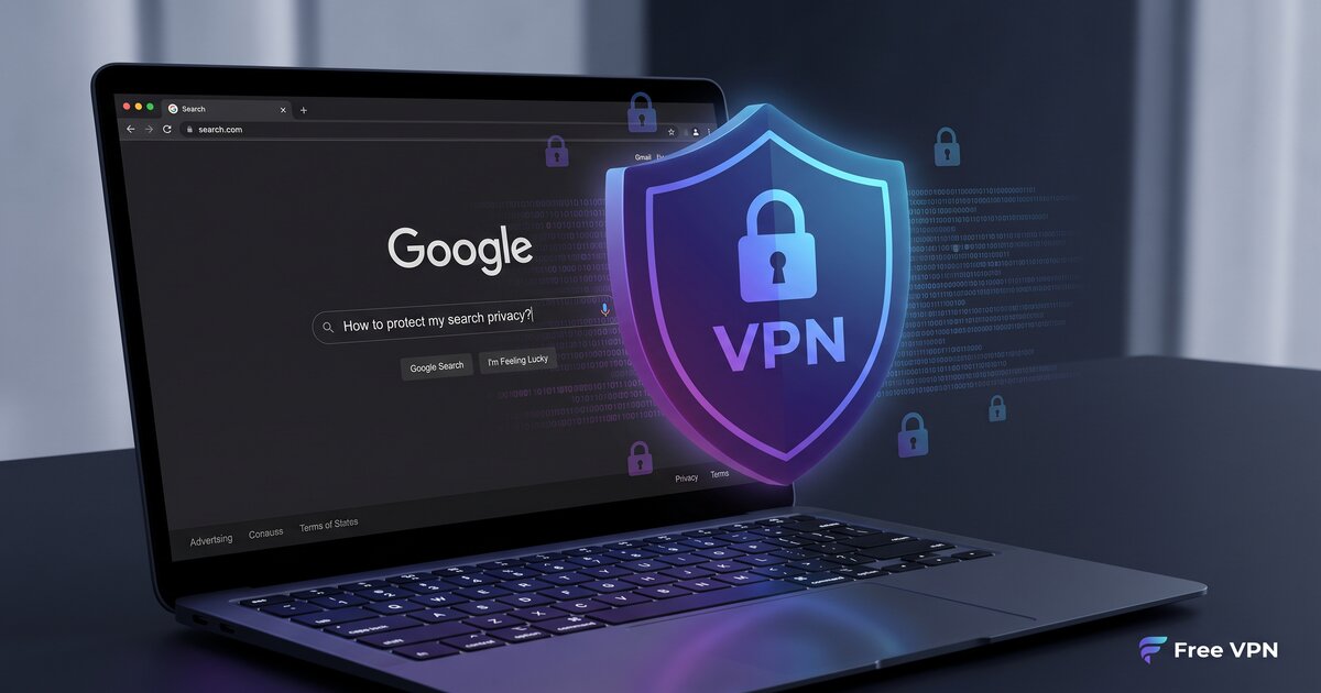 Laptop screen showing private search queries with VPN shield protection