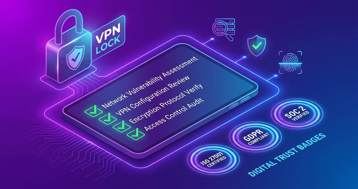Digital security verification with VPN audit checklist and verification icons