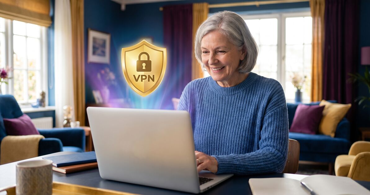 Older adult safely browsing the internet with VPN protection shield