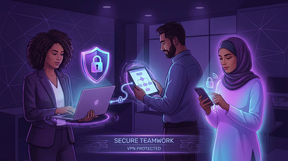 Small business team working securely with VPN protection across devices
