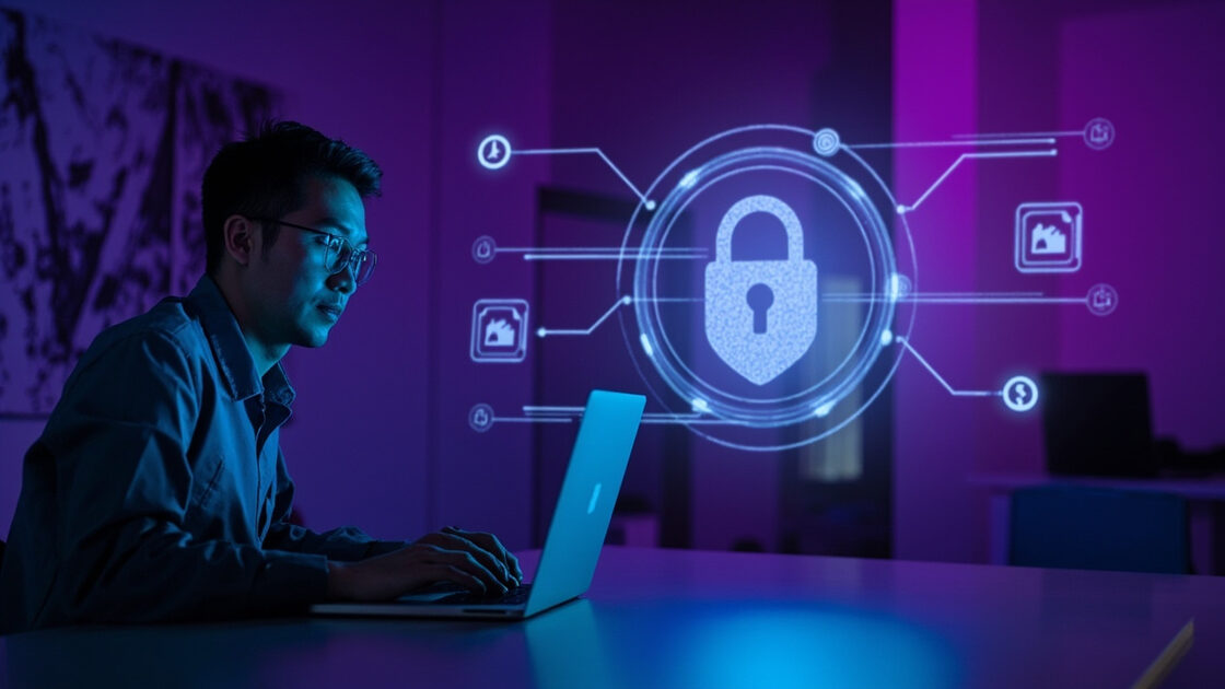 Small business owner at desk with laptop and VPN protection shield securing customer data and business systems
