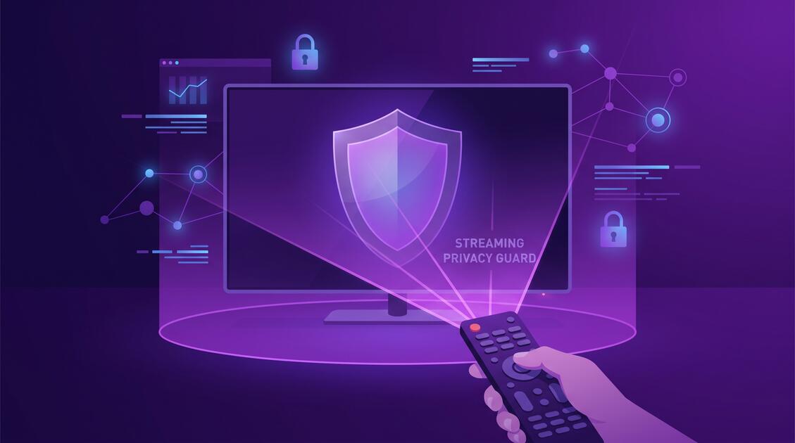 Person controlling smart TV with VPN protection shield over connected devices