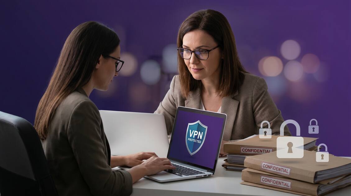 Social worker with laptop protected by VPN shield and confidential case file security