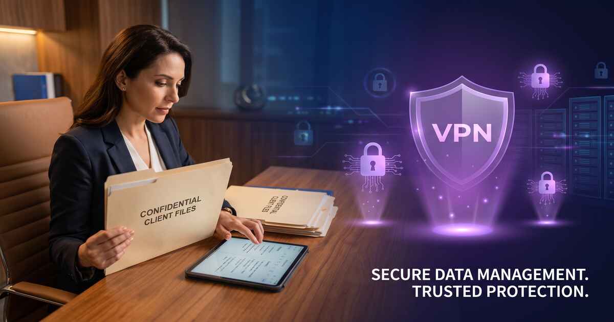 Social worker securely managing confidential client case files with VPN protection shield and encryption symbols
