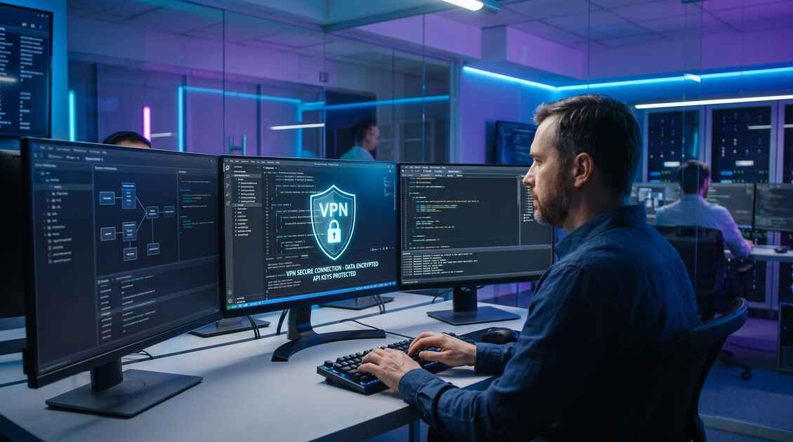 Software developer at computer with VPN security protection for source code and API keys