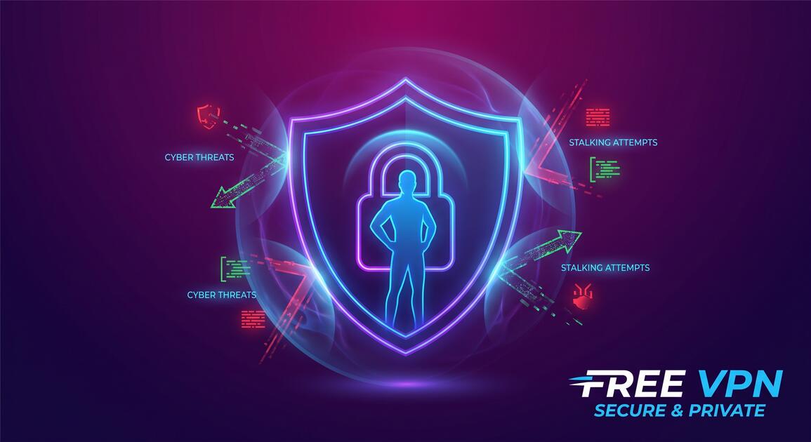 Person protected from digital harassment and stalking threats with VPN shield