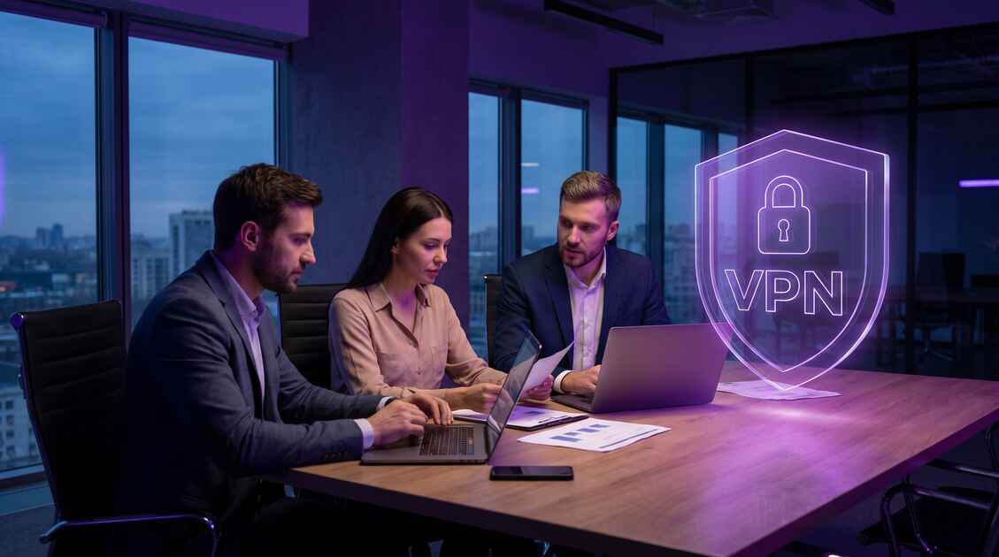 Startup founders collaborating on business plans with VPN security shield protecting sensitive data