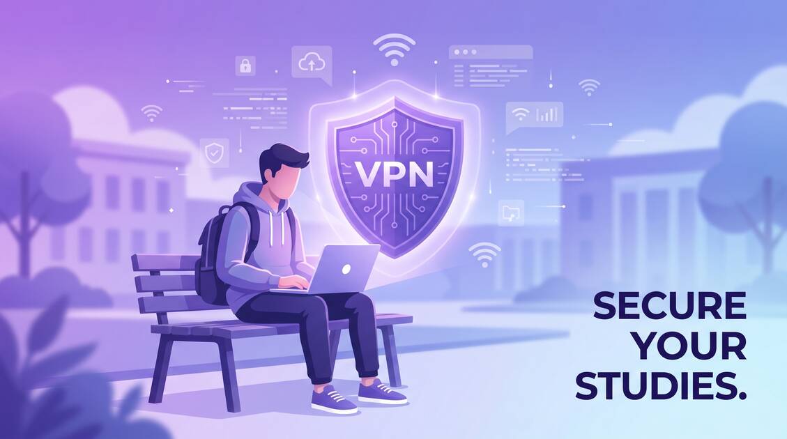 Student using laptop on campus with VPN protection shield