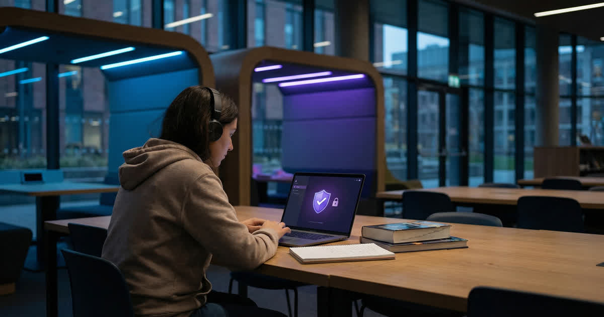 Student studying safely with VPN protection on laptop