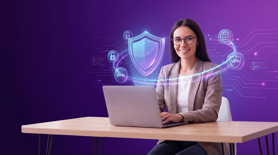 Teacher at desk with laptop protected by VPN shield