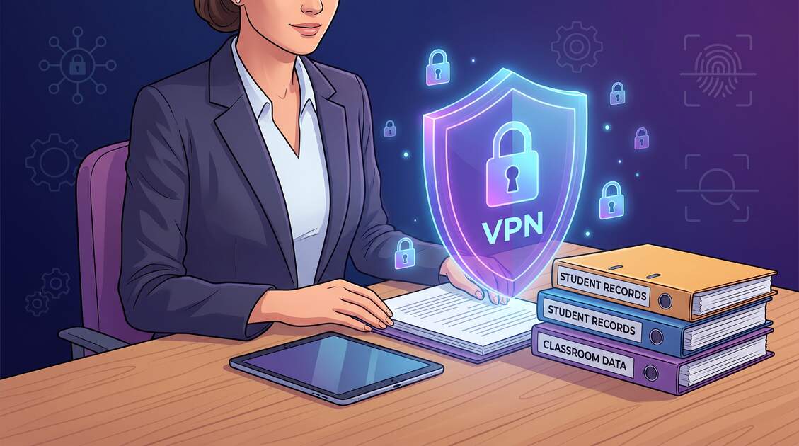 Teacher securely managing student records and classroom data with VPN protection shield