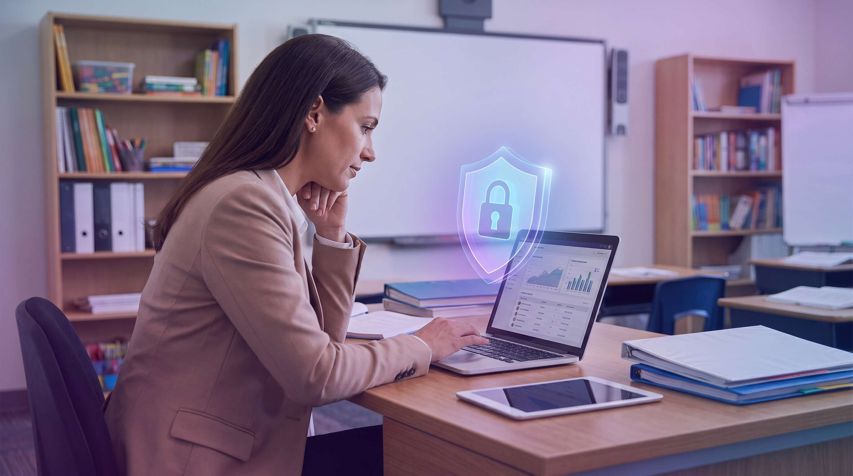 Teacher reviewing student data on laptop with VPN security shield protecting educational records