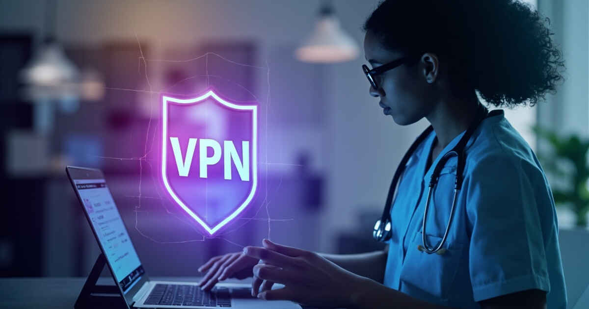 Telehealth nurse accessing patient data securely with VPN protection from home office