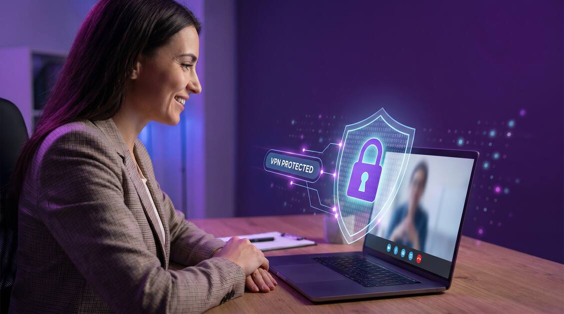 Therapist using laptop with VPN protection shield and confidential session security on dark purple gradient background