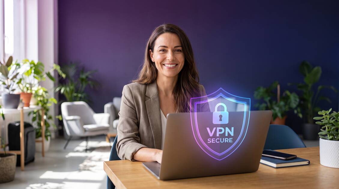 Professional therapist in modern office with laptop protected by VPN security shield displaying confidential client session notes