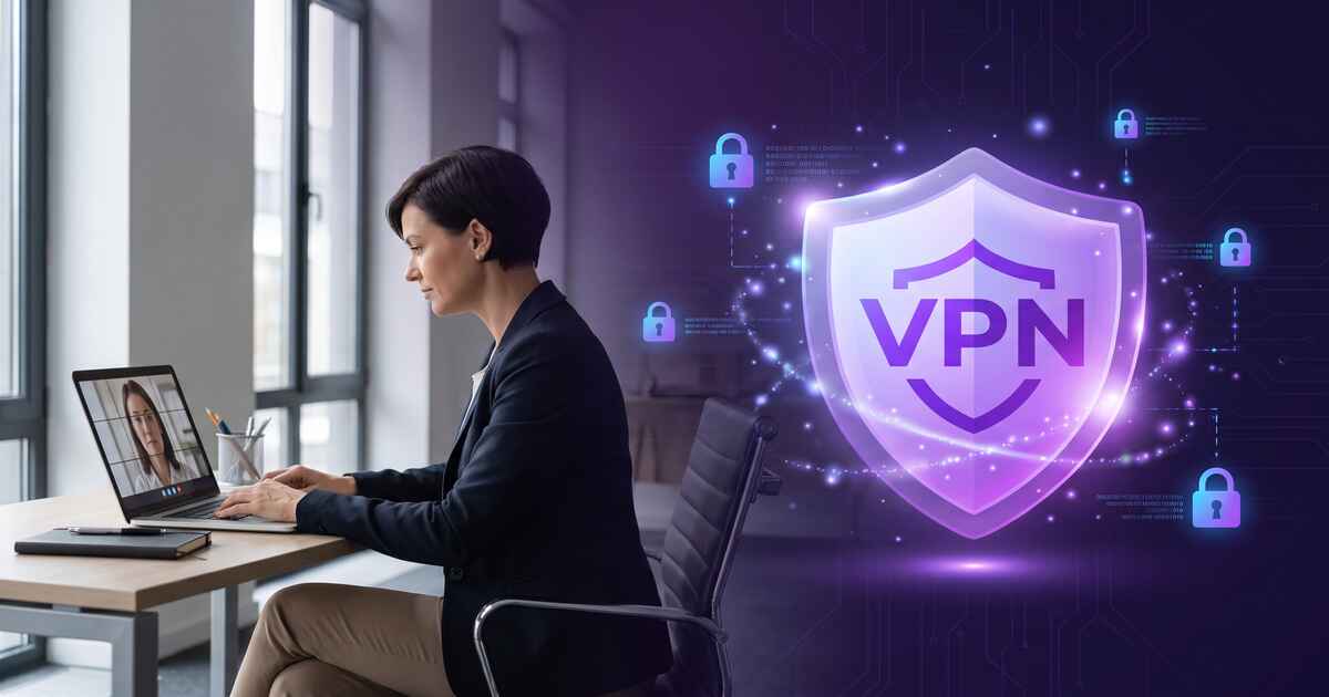 Therapist in secure consultation with glowing VPN security shield overlay protecting patient mental health data