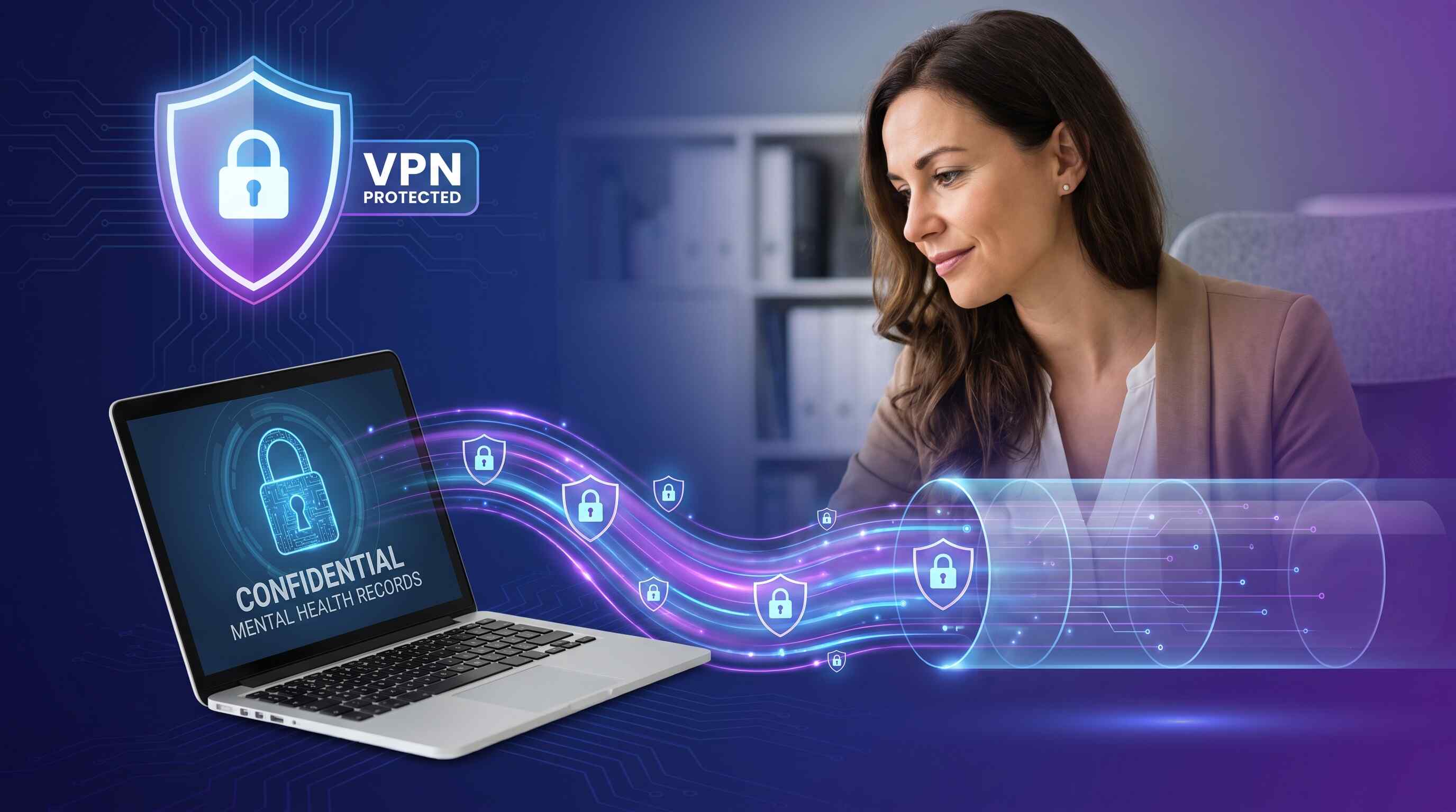 Therapist securely managing confidential mental health records with VPN protection shield and encryption