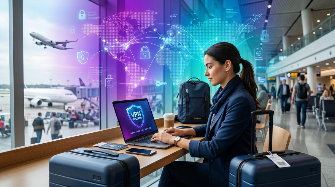 Traveler at airport with laptop using VPN for secure connection while traveling