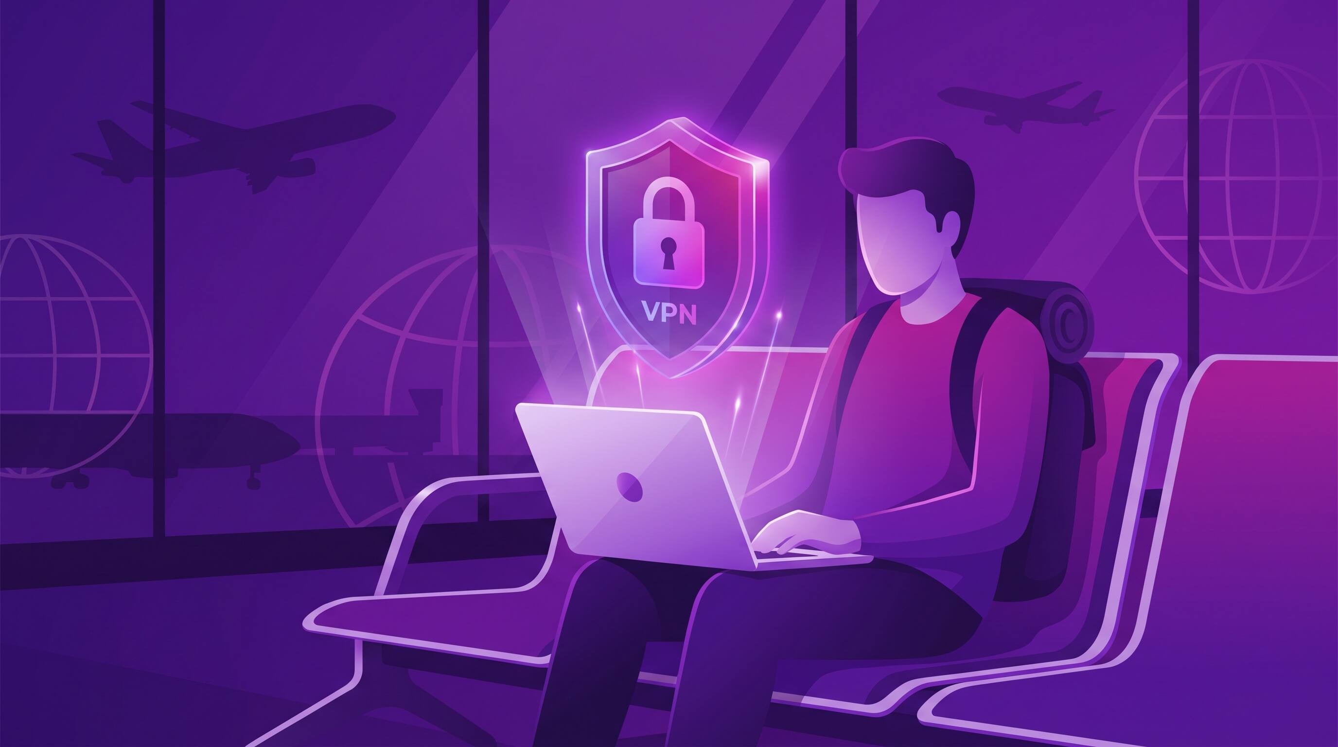 Traveler using laptop with VPN protection while traveling abroad safely
