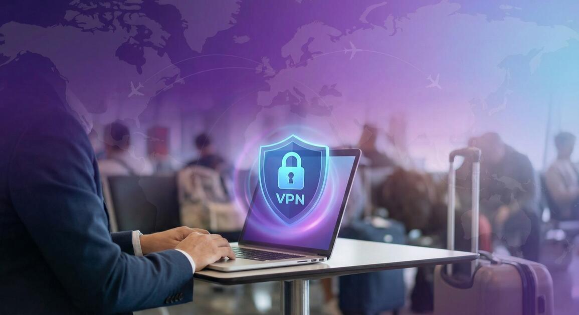 Traveler using laptop securely with VPN protection across the globe