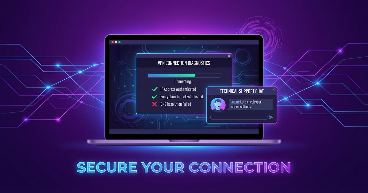 VPN troubleshooting guide showing technical support and connection diagnostics