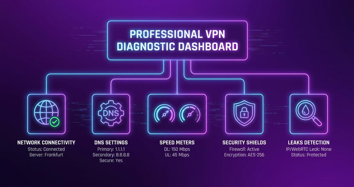 VPN troubleshooting diagnostic flowchart with network security icons