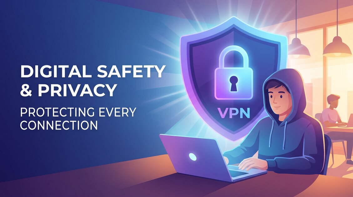 Undocumented immigrant protected by VPN shield, representing digital safety and privacy