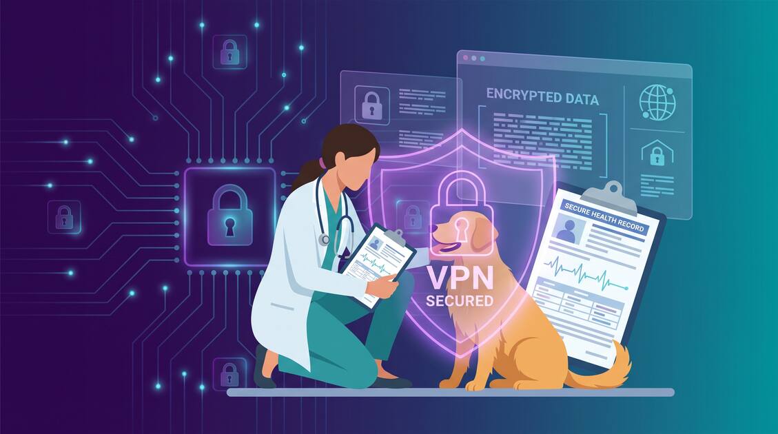 Veterinarian with tablet and pet protected by VPN shield, secure animal health records on dark background