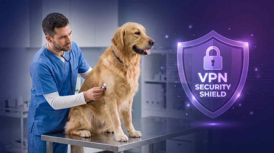 Veterinarian examining a dog with VPN security shield overlay in a modern clinic
