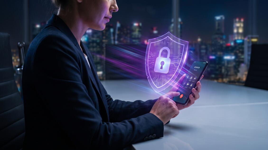 Person making secure VOIP call with VPN encryption protection