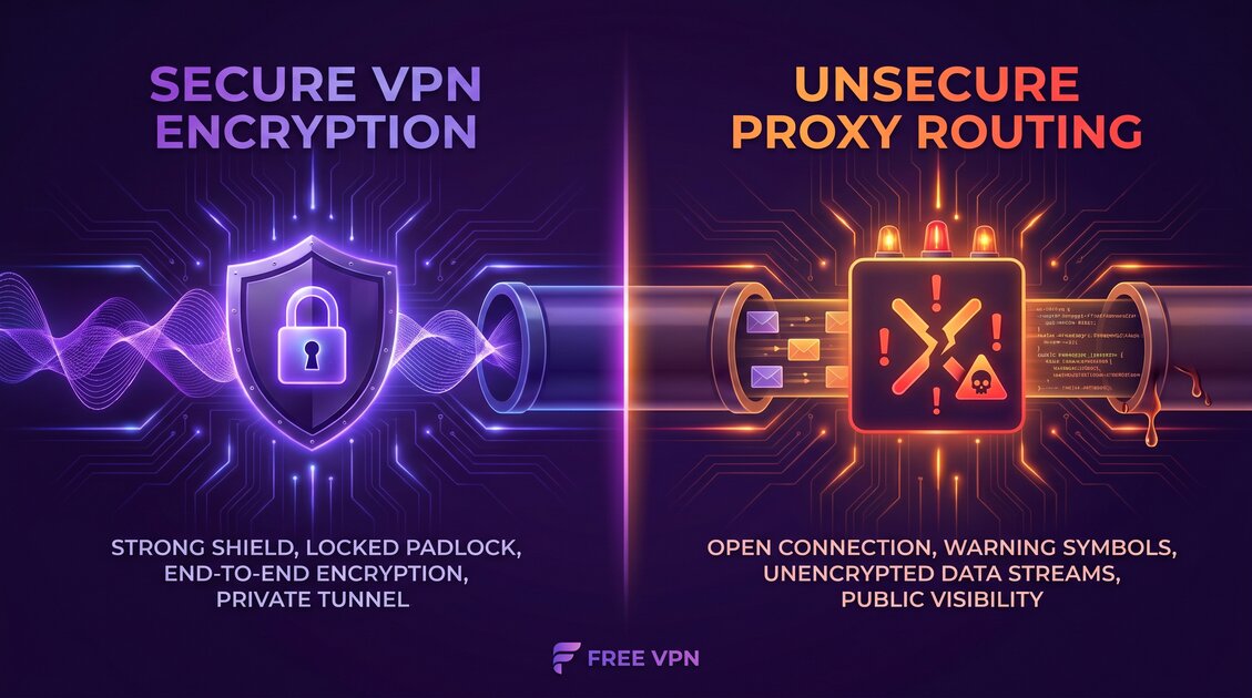 Comparison diagram showing VPN encryption vs proxy routing with privacy shields