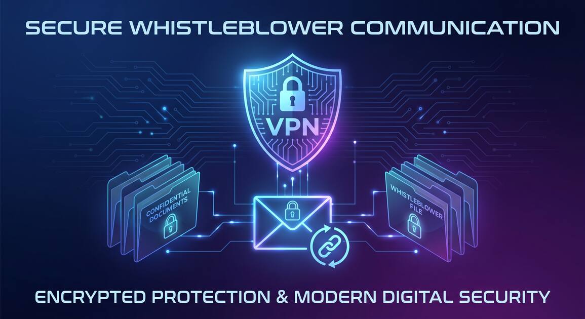 Secure whistleblower communication with VPN protection shield and encrypted evidence