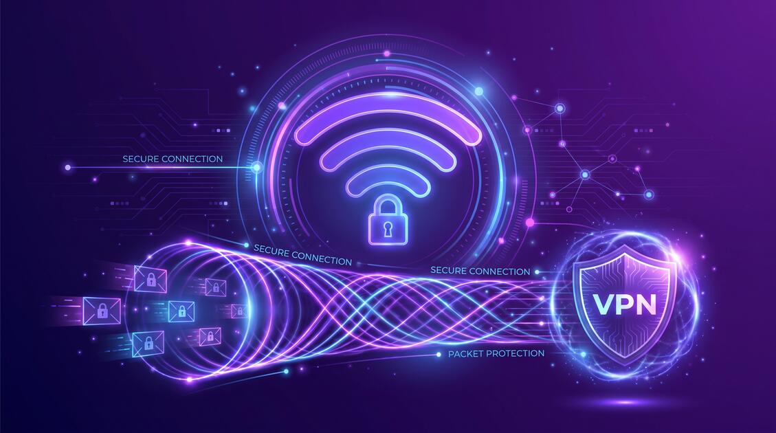 Network security illustration showing VPN protecting against WiFi packet sniffing attacks