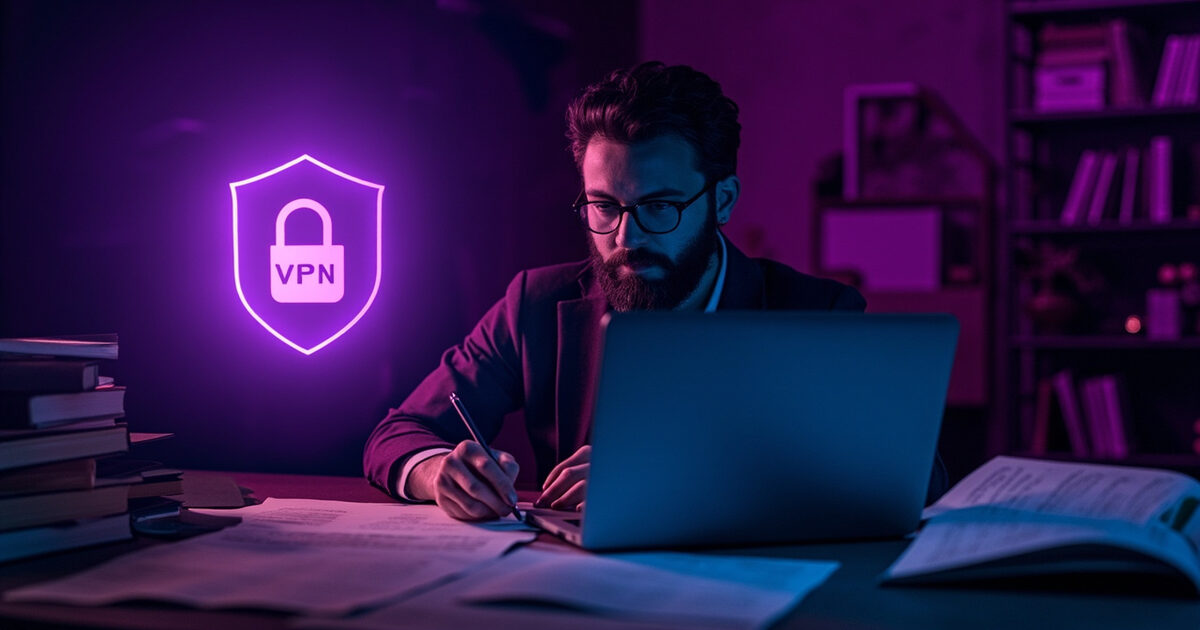 Author at desk with VPN protection shield securing manuscripts and publisher communications