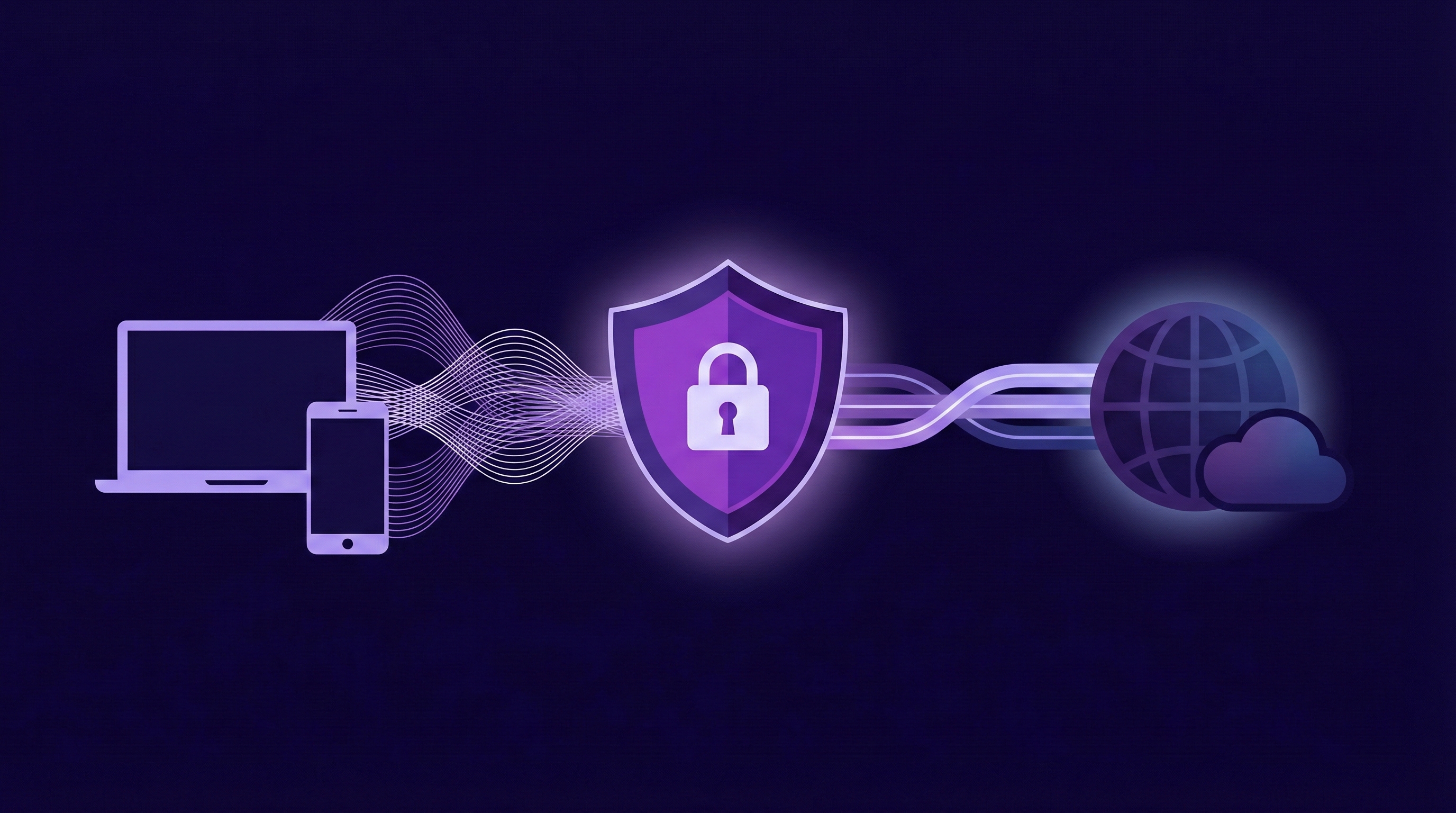 What is a VPN - illustration showing a laptop and phone connected through a secure VPN shield to the internet