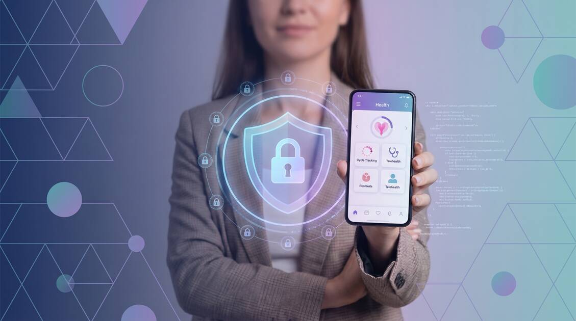 Woman using a health app on smartphone with VPN privacy shield protection