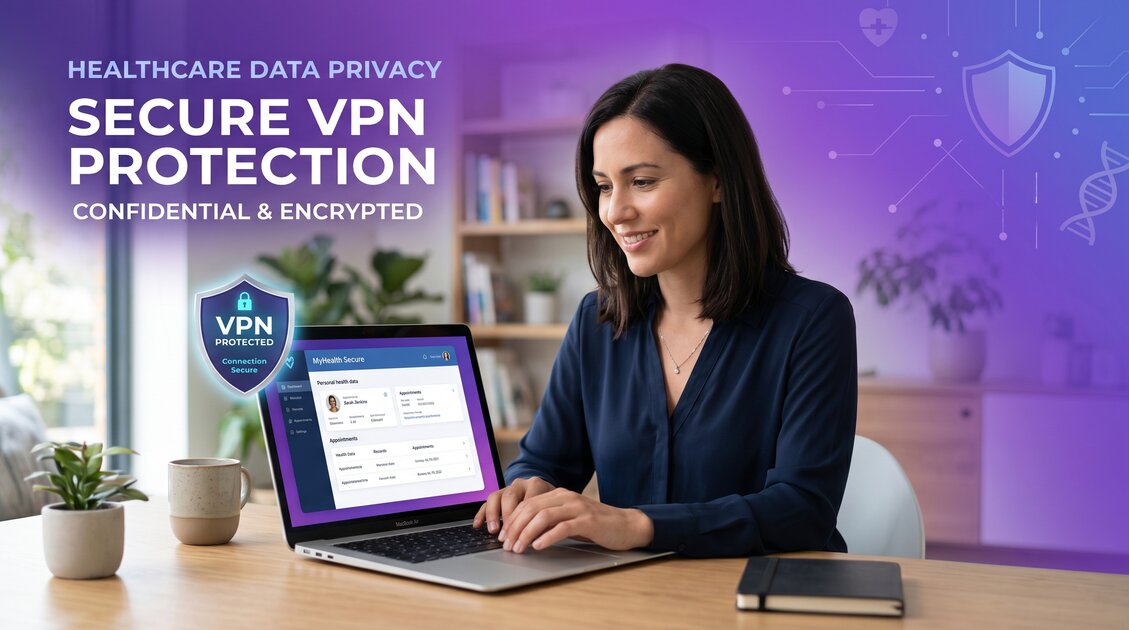 Woman using healthcare app with VPN protection for reproductive health privacy