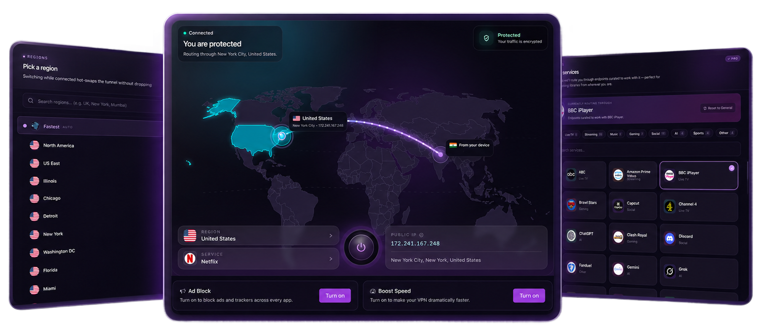 Free VPN for Windows app preview showing the dashboard and controls